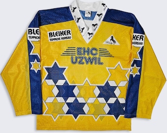 EHC Uzwil Vintage 90s Blacky Switzerland Hockey Jersey - Yellow & Blue Uniform - Made in Switzerland - Men's : Medium ( M ) - Free Shipping