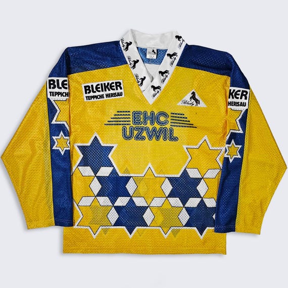 EHC Uzwil Vintage 90s Blacky Switzerland Hockey Jersey - Yellow & Blue Uniform - Made in Switzerland - Men's : Medium ( M ) - Free Shipping