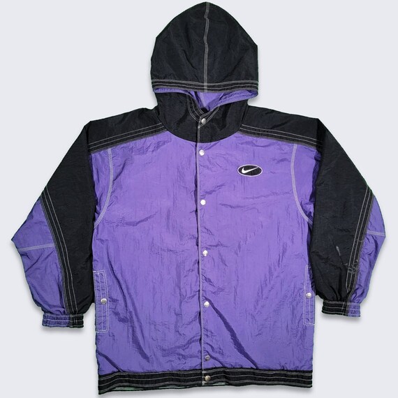Nike Vintage 90s Purple Button Up Windbreaker Jacket - Light Weight Hooded Coat - Purple and Black Color - Men's Size Large -