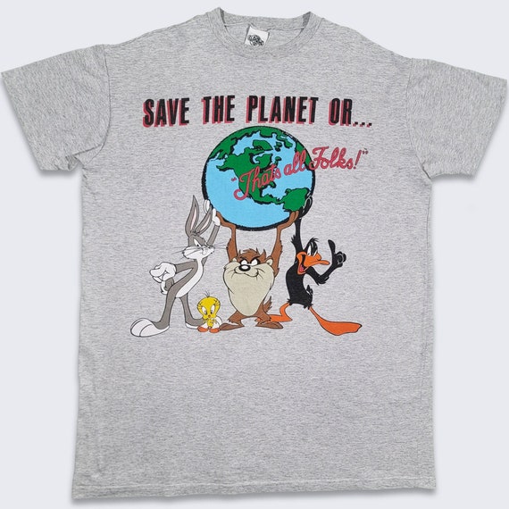 Looney Tunes Vintage 90s Save the Planet T-Shirt - Acme Clothing - Features Bugs Bunny, Taz, Tweety Bird & Daffy Duck - 2XL - Free Shipping