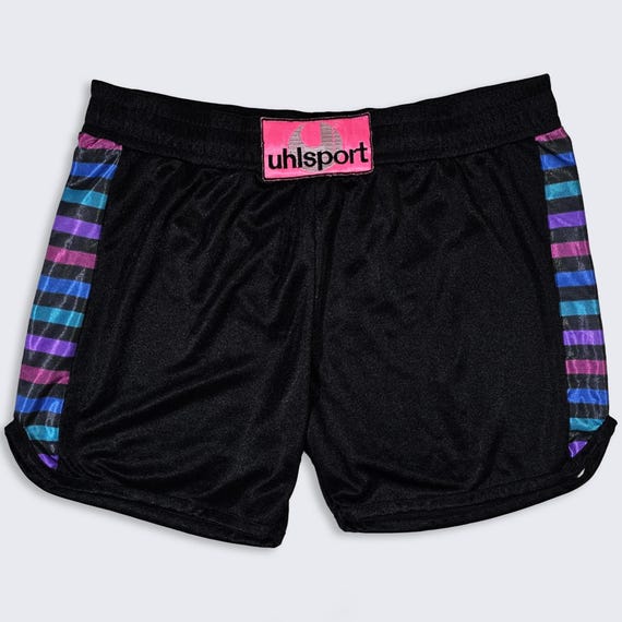 Uhlsport Vintage 90s Soccer Neon Shorts - Black Color Athletic Bottoms - No Pockets - Stitched On - Men's Size : Large ( L ) - FREE Shipping