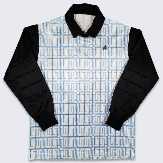 NR Vintage 90s Goalie Long Sleeve Soccer Jersey - White & Blue Kit Shirt - Black Collar and Sleeves - Padded Elbows - Size L - Free SHIPPING