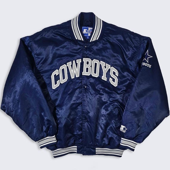 Dallas Cowboys Vintage 90s Starter Satin Bomber Jacket - Navy Blue Coat - Stitched On Logos - Men's Size: Extra Large ( XL ) - Free SHIPPING