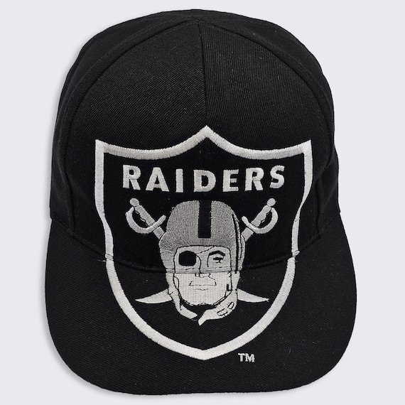 Oakland Raiders Vintage 90s Monster Logo Adjustable Hat - Football Black Silver Baseball Cap - Stitched On Logos - One Size -FREE SHIPPING