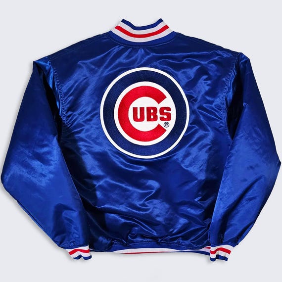 Chicago Cubs Vintage 80s Starter Satin Bomber Jacket - MLB Baseball Blue Color Coat - Men's Size : Extra Large ( XL ) - Free Shipping
