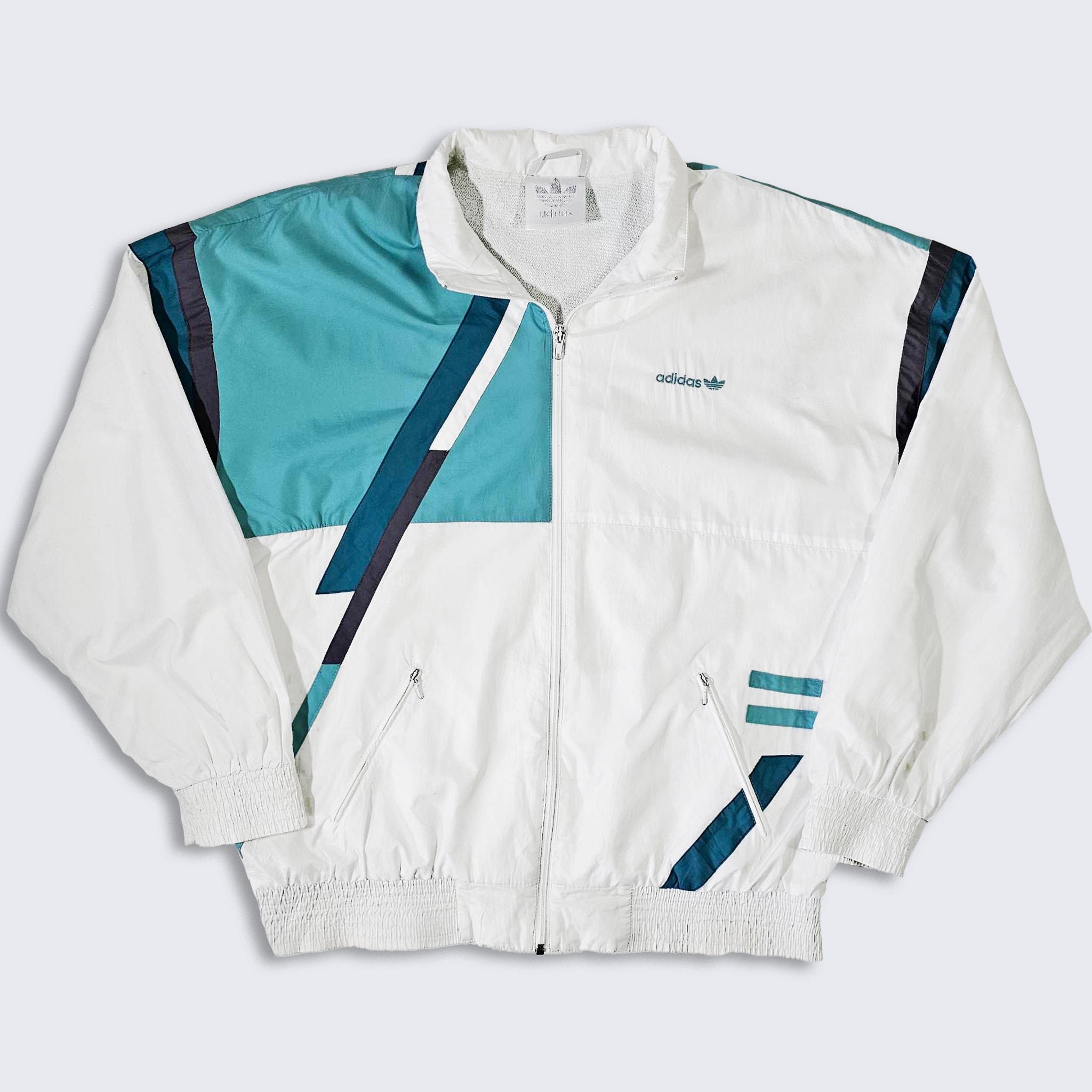 Adidas Vintage 90s Color Block Windbreaker Track Jacket White Blue Color Light Weight Coat Size Men s Small S FREE SHIPPING