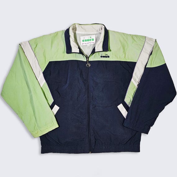 Diadora Vintage 90s Jogger Windbreaker Jacket - Navy Blue & Lime Green - Stitched on Logo - Zipper - Men's : Large ( L ) - FREE SHIPPING