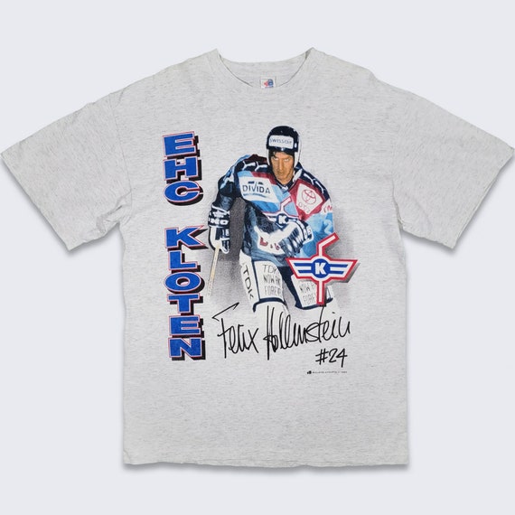 EHC Kloten Switzerland Vintage 90s Felix Hollenstein T-Shirt - Single Stitch Bulletin Athletics Heather Gray Tee - Size Large -FREE SHIPPING