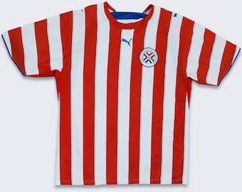 Paraguay vintage 00s Puma Soccer Jersey - 2006 National Team Striped Kit Shirt - Cousu sur insigne cousu - Taille Homme XL - LIVRAISON GRATUITE