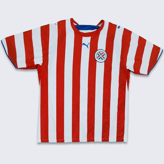 Paraguay Vintage 00s Puma Soccer Jersey - 2006 National Team Striped Kit Shirt - Sewn On Stitched Badge - Men's Size XL - FREE SHIPPING