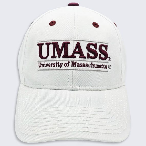 UMass Minutemen Vintage 90s Game Split Bar Snapback Hat - University Massachusetts White & Maroon Red Color Cap - One Size - Free SHIPPING