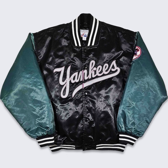 New York Yankees Vintage 90s Majestic Satin Bomber Jacket - MLB Baseball Black Green Purple Coat - Size Men's Large - FREE Shipping