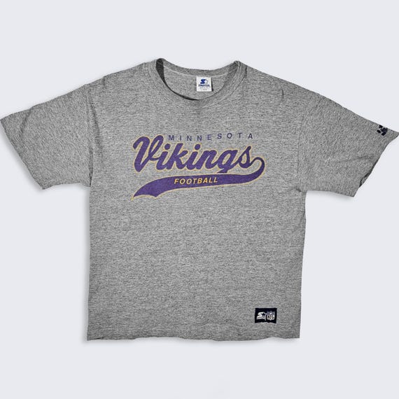 Minnesota Vikings Vintage 90s Starter Script T-Shirt - Single Stitch Heather Gray NFL Football Tee -Men's Size : Large ( L ) - Free Shipping