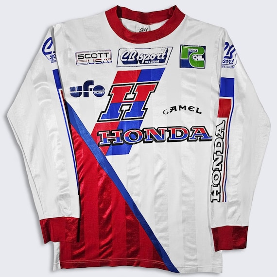 Honda Vintage 80s CB Sport Belgium Racing Shirt - White, Blue & Red Color - Long Sleeve - Camel - Size Men's : Medium ( M ) - FREE SHIPPING