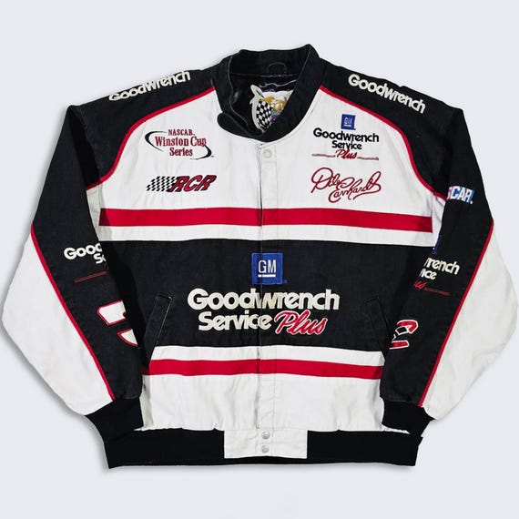 Dale Earnhardt Vintage NASCAR Jeff Hamilton Racing Jacket - Black and White Coat - Stitched On - Men's Size : 2XL / XXL - Free SHIPPING
