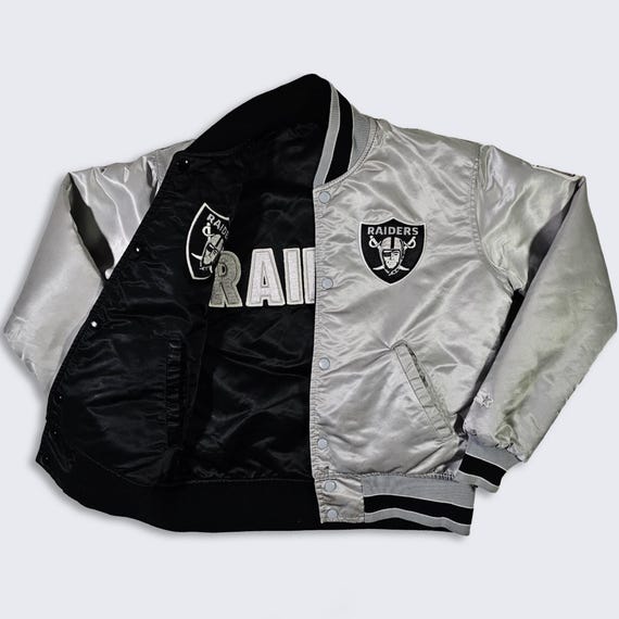 Los Angeles Raiders Vintage 80s Starter Reversible Satin Bomber Jacket - NFL Black / Silver Coat - Size Men's : Small ( S ) - Free Shipping