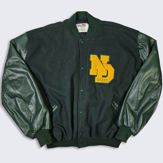 North Dakota State Bison Vintage 90s DeLong Varsity Jacket - Wool & Leather NDSU University Green Coat - Men's Size 5XL Tall - Free Shipping