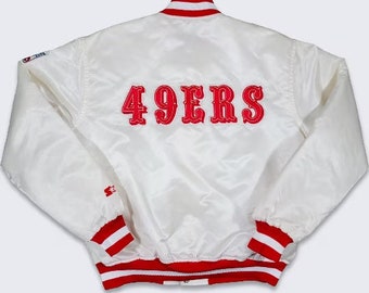 San Francisco 49ers Vintage 80s Starter Satin Bomber Jacket- NFL Football White Color Coat - Size Men's : Medium ( M ) - Free Shipping