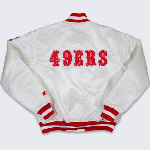 San Francisco 49ers Vintage 80s Starter Satin Bomber Jacket- NFL Football White Color Coat - Size Men's : Medium ( M ) - Free Shipping