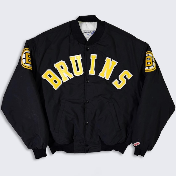 Boston Bruins Vintage 90s Swingster Bomber Varsity Jacket - NHL Hockey Black and Yellow Coat - Size Men's : Medium ( M ) - FREE SHIPPING