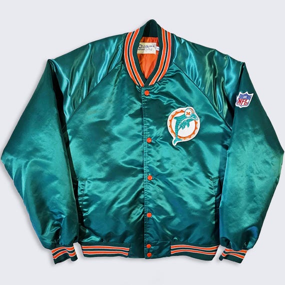 Miami Dolphins Vintage 80s Chalk Line Satin Bomber Jacket - Blue