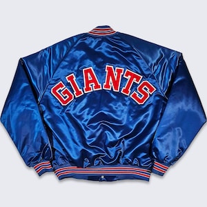 New York Giants Vintage 80s Chalk Line Satin Bomber Jacket - NFL Football Blue Red Coat - Size Men&#39;s Large ( L ) - Free SHIPPING