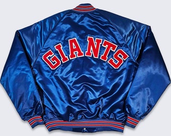 New York Giants Vintage 80s Chalk Line Satin Bomber Jacket - NFL Football Blue Red Coat - Size Men's Large ( L ) - Free SHIPPING