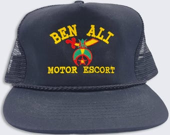 Ben Ali Shriners Vintage 80s Motor Escort Trucker Snapback Hat - Black Color Baseball Cap - Stitched - One Size Fits All - FREE SHIPPING