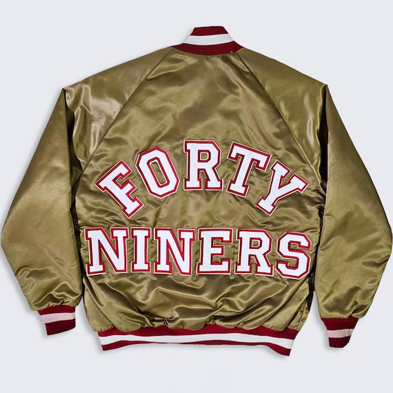 San Francisco 49ers Vintage 80s Chalk Line Satin Bomber Jacket - NFL Football Gold Color Coat - Size Men's : Medium ( M ) - Free Shipping
