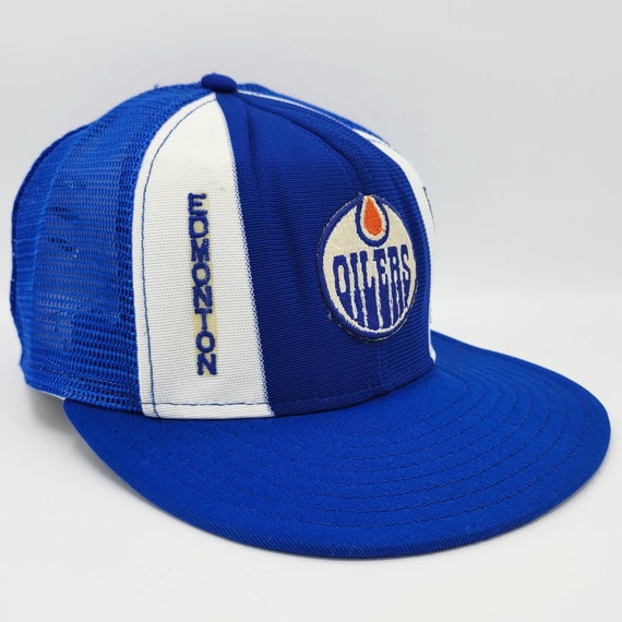 Edmonton Oilers Vintage 80s Lucky Stripe Trucker Snapback Hat - NHL Hockey Blue Baseball Cap - Made in U.S.A. - One Size - Free SHIPPING