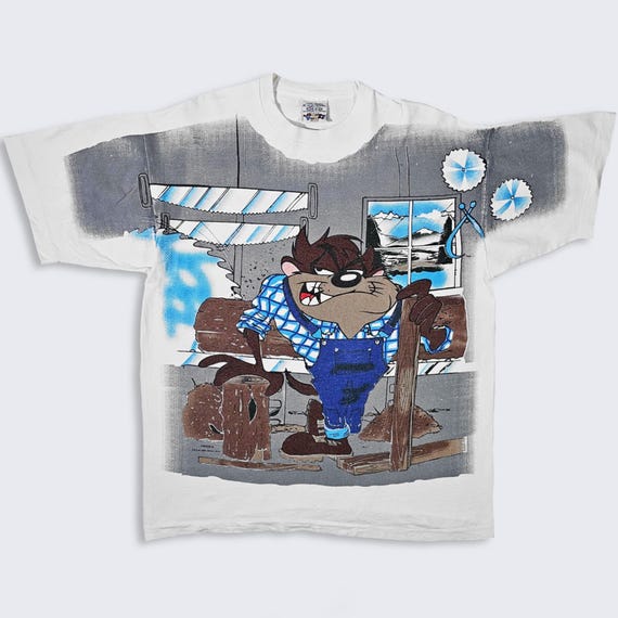 Looney Tunes Vintage 90s Taz Cutting Edge AOP T-Shirt - Single Stitch Warner Bros Cartoon Tee - Men's Size : Large ( L ) - FREE SHIPPING