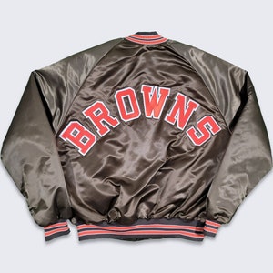 Cleveland Browns Vintage 80s Chalk Line Satin Bomber Jacket - NFL Football Brown Color Coat - Made in USA - Size Large ( L ) - Free Shipping