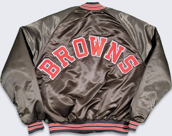 Cleveland Browns Vintage 80s Chalk Line Satin Bomber Jacket - NFL Football Brown Color Coat - Made in USA - Size Large ( L ) - Free Shipping