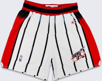 Houston Rockets Vintage Pinstripe Champion Basketball Shorts - Very Rare - White, Red & Black Color Shorts - Size Men's Large -FREE SHIPPING