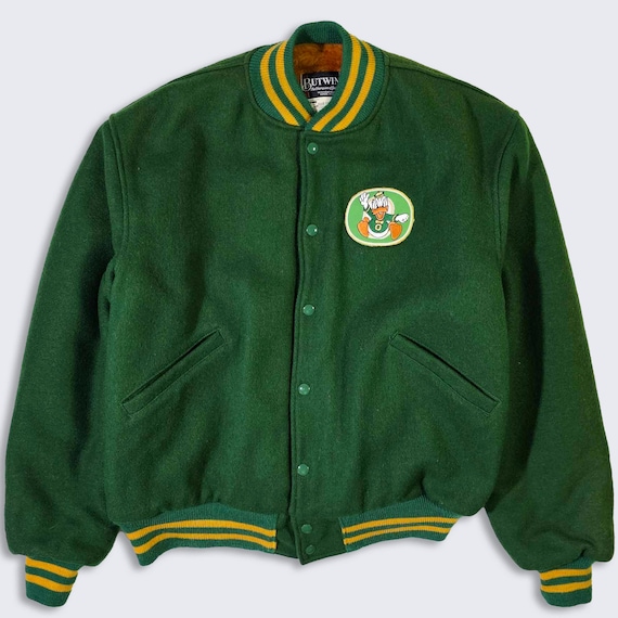 Oregon Ducks Vintage 80s Butwin Wool Varsity Jacket - UO University Green Yellow Bomber Heavy Coat - Union Made in USA - M - Free SHIPPING