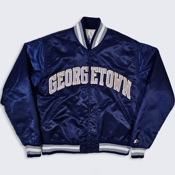 Georgetown Hoyas Vintage 80s Starter Satin Bomber Jacket - Navy Blue Color Coat - Made in USA - Size Men's : Medium ( M ) - FREE Shipping