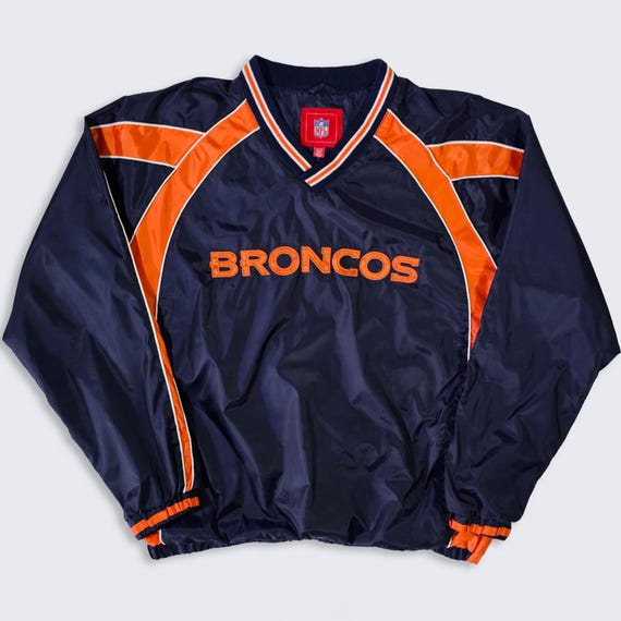 Denver Broncos Vintage Pull Over Windbreaker Jacket - NFL Football Navy Blue & Orange Coat - Size Men's : Extra Large ( XL ) - Free Shipping