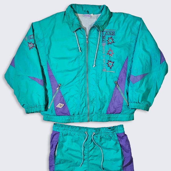 Fire Land Vintage 90s Star Windbreaker Track Suit - Blue and Purple - Includes Jacket & Jogger Pants - Men's : Large ( L ) - FREE SHIPPING