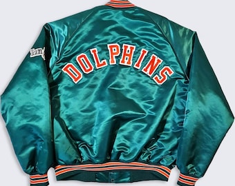 Miami Dolphins Vintage 80s Chalk Line Satin Bomber Jacket - Blue & Orange NFL Football Coat - Snap Closure - Size Men's : XL - FREE Shipping