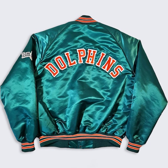 Miami Dolphins Vintage 80s Chalk Line Satin Bomber Jacket - Blue & Orange NFL Football Coat - Snap Closure - Size Men's : XL - FREE Shipping