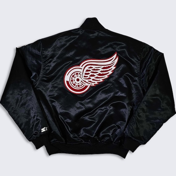 Detroit Red Wings Vintage 80s Starter Satin Bomber Jacket - NHL Hockey Black Coat - Made in USA - Size Men's : Extra Large - Free SHIPPING
