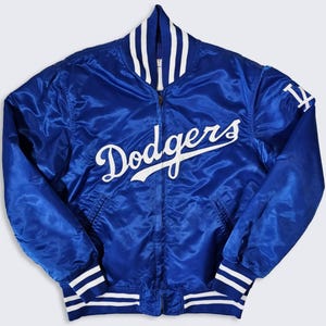 Los Angeles Dodgers Vintage 80s Team Issued Satin Bomber Jacket - MLB Baseball Dugout Coaches Varsity Coat - Men&#39;s Size : L - Free Shipping