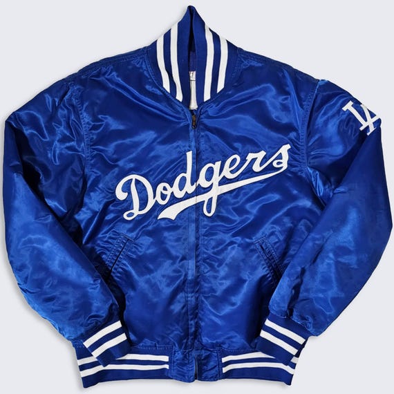Los Angeles Dodgers Vintage 80s Team Issued Satin Bomber Jacket - MLB Baseball Dugout Coaches Varsity Coat - Men's Size : L - Free Shipping