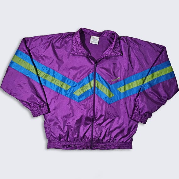 Adidas Vintage 90s Purple Color Block Windbreaker Jacket - Lightweight Purple, Blue & Green Coat - Size Men's : Large ( L ) - FREE SHIPPING