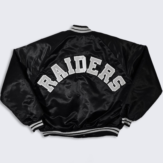 Los Angeles Raiders Vintage 80s Chalk Line Satin Bomber Jacket - Black & Silver Gray - Oakland - Las Vegas - Men's Size: 2XL - Free SHIPPING