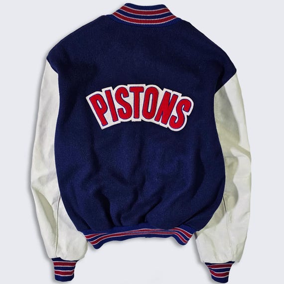 Detroit Pistons Vintage 90s DeLong Varsity Jacket - Wool & Leather - Blue Bomber Coat - Made in USA - Men's Size: Medium (M) - Free Shipping