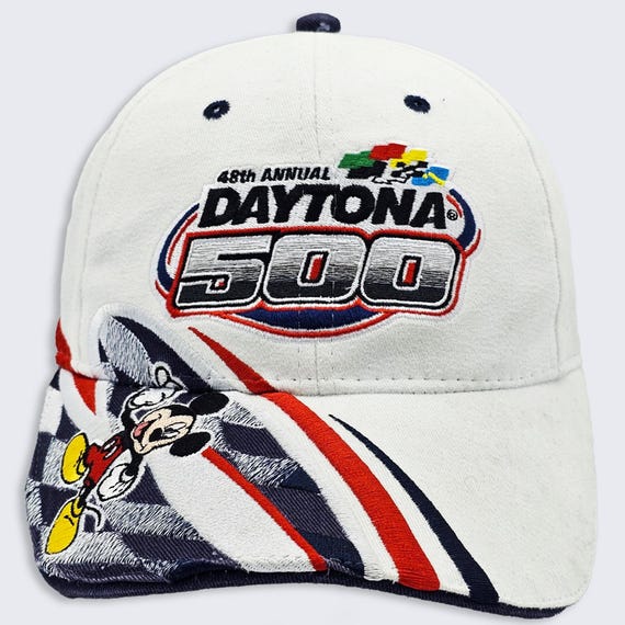 Mickey Mouse NASCAR Vintage Y2K Disney Daytona 500 Hat - Stitched On Logos - White Cap - 100 % Cotton - One Size Fits All - Free SHIPPING