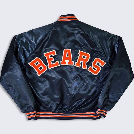 Chicago Bears Vintage 80s Chalk Line Satin Bomber Jacket - Dark Navy Blue & Orange Coat - Made in USA - Size Men's : Medium - Free Shipping