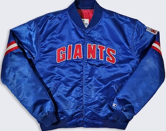 New York Giants Vintage 80s Starter Satin Bomber Jacket - NFL Football Blue and Red Color Coat - Size Men's : 2XL ( XXL ) - Free SHIPPING