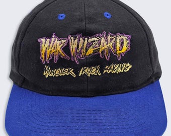 War Wizard Vintage 90s Monster Truck Rock Racing Hat - Adjustable Strap Back - Black & Blue Color Cap - One Size Fits All - FREE SHIPPING